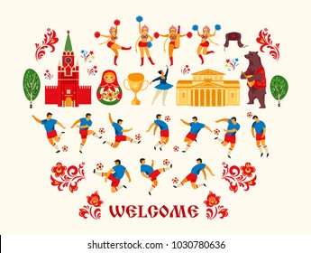 Big football set in Russian style. Soccer players, cheerleaders girls and Russian symbols. Vector illustration.