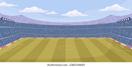 Grosses Fußball- oder Fußballstadion mit großem grünem Feld, Vektorgrafik leerer Sporttribunen mit Lichtern im flachen Cartoon-Stil. Stadion für Turniere oder Meisterschaften, leere Arena