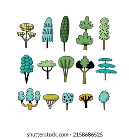 Big forest hand drawn flat plants clipart collection on white background. Hand drawn woodland trees, herbs, leaves. Scandinavian style vector illustration.