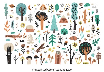 Big forest plants clipart collection on white background. Hand drawn woodland trees, herbs, mushrooms, flowers, branches, berries, leaves. Wild botanical set. Scandinavian style vector illustration