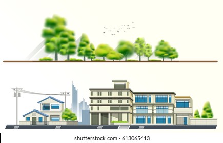 Big forest and town concept. The opposite of two things.