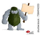 Big forest troll of gray from norvegian folklore dressed in leaves standing and holding a banner. Drawn in cartoon style