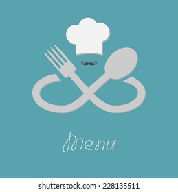 Big fork, spoon infinity sign, chef hat and mustache.  Menu card. Flat design style. Vector illustration