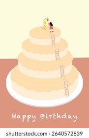 Big Four Tier Layered Birthday Cake with Little Girl figure lighting the candle Design Illustration