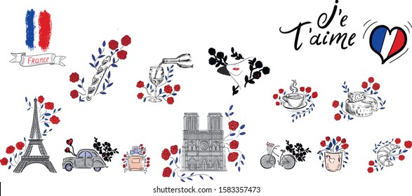 Big France set , flag, eiffel , wine, cheese, perfume, woman, lettering , flowers vector isolated illustration on white background. Concept for print, stickers, logo, icon , cards