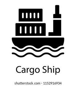 
Big freighter ship with chimney and loaded container, throwing light on cargo vessel icon
