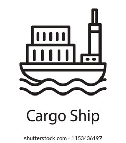 
Big freighter ship with chimney and loaded container, throwing light on cargo vessel icon
