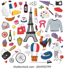 Big french symbol sticker set isolated on white. Parisian icon collection including baguette, cheese, macaron, lavender, sword, musketeer, rooster, poodle, lamp. Vector flat hand drawn illustration