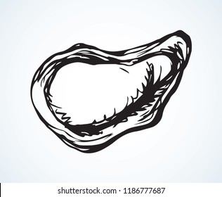 Big fresh perl Ostreidae mollusc on white backdrop. Outline black ink hand drawn french diet delicacy dining logo emblem sketchy in retro art cartoon doodle engraved style pen on paper space for text