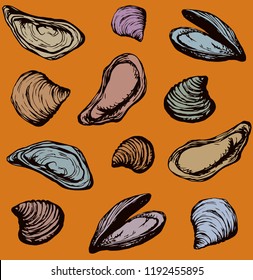 Big fresh perl Ostreidae mollusc on golden backdrop. Outline black ink hand drawn french diet delicacy dining icon sign design sketchy in retro art cartoon doodle engraved style pen on orange paper