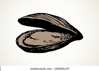 Big fresh perl Ostreidae mollusc on white backdrop. Outline black ink hand drawn french diet delicacy dining logo emblem sketchy in retro art cartoon doodle engraved style pen on paper space for text