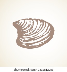 Big fresh perl Ostreidae mollusc on white backdrop. Outline black ink hand drawn french diet delicacy dining logo emblem sketchy in retro art cartoon doodle engraved style pen on paper space for text