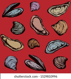 Big fresh perl Ostreidae mollusc on dark red backdrop. Outline black color hand drawn french diet delicacy dining icon sign design sketchy in retro art cartoon doodle engraved print style pen on paper