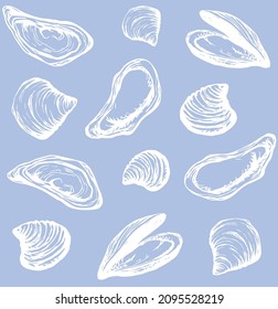 Big fresh perl Ostreidae mollusc on blue backdrop. Outline cyan ink hand drawn french diet delicacy dining icon sign design sketchy in retro art cartoon doodle engraved print style pen on white paper