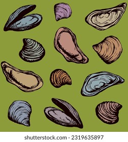 Big fresh perl Ostreidae mollusc on green backdrop. Outline black ink hand drawn french diet delicacy dining icon sign design sketchy in retro art cartoon doodle engraved style pen on paper