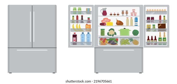 Big fridge with open doors, a full of food. There is a champagne bottle, a box of chocolates, a milk, a juice, a sausage, bananas, eggs, ketchup and vegetables in the picture. Vector illustration