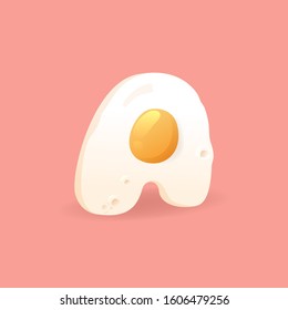 Big fried egg letter A. Breakfast handcrafted typeface on a pink background. Cartoon alphabet