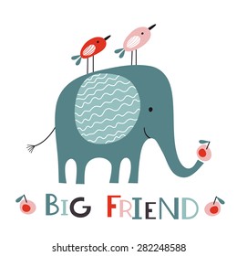 Big friend. Elephant and two little birds.  Vector illustration on white background. Cartoon set