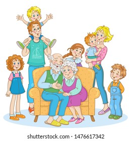 Big friendly family. Grandparents are sitting on the couch, mom, dad and five children of different ages around them. In cartoon style. Isolated on white background. Vector illustration.