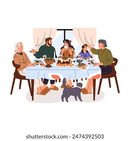 Gran familia amistosa tiene cena festiva sentada en la mesa. Padres, hijos, abuela se comunican durante la comida juntos. Personas comiendo comida, celebran festividades. Ilustración vectorial plana aislada sobre blanco