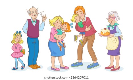 Big friendly family. Mom, dad, two daughters, son, grandmother with cake and grandfather. In cartoon style. Isolated on white background. Vector illustration