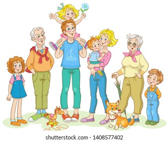 Big friendly family. Mother, father, grandmother grandfather, four children of different ages and a favorite dog. In cartoon style. Isolated on white background. Vector illustration.