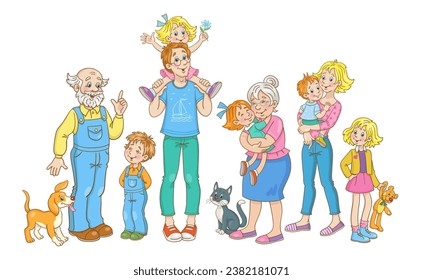 Big friendly family. Mother, father, grandmother grandfather, five children of different ages, favorite dog and cat. In cartoon style. Isolated on white background. Vector illustration