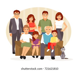 Big And Friendly Family On The Couch. Vector Illustration