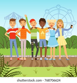 Big friendly group of multiracial teenagers. Vector background picture in cartoon style. Young teenager people illustration