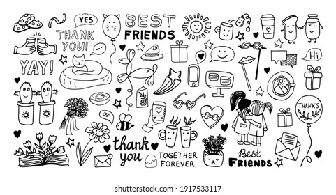 Gran amistad. Colección de doodles con citas, dulces, bebidas, decoración de fiestas. Iconos dibujados a mano