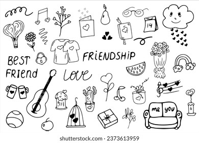 Big friendship clipart set. Hand drawn icons.Doodle collection with quotes, accessories, clothes, drinks, party decorations.
