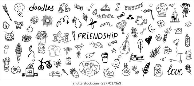 Big friendship and love clipart set. Hand drawn icons. Doodle collection with quotes, accessories, clothes, drinks, party decorations.