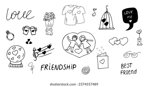 Big friendship,love, romantic clipart set. Hand drawn icons.Doodle collection with quotes, accessories, clothes, drinks, party decorations.