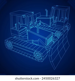 Großer Frontlader-Bulldozer. Schwere Maschinen und Anlagen zur Herstellung von Bergwerken. Vektorillustration mit niedrigem Drahtgitter-Polynetz.