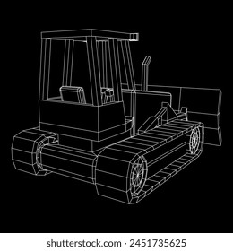 Großer Frontlader-Bulldozer. Schwere Maschinen und Anlagen zur Herstellung von Bergwerken. Vektorillustration mit niedrigem Drahtgitter-Polynetz.