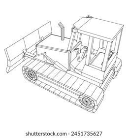 Big front-end loader bulldozer. Heavy equipment machine and manufacturing equipment for mining. Wireframe low poly mesh vector illustration.