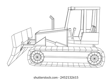 Big front-end loader bulldozer. Heavy equipment machine and manufacturing equipment for mining. Wireframe low poly mesh vector illustration.