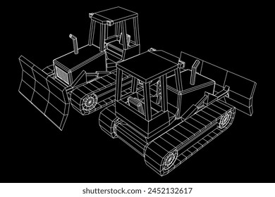 Big front-end loader bulldozer. Heavy equipment machine and manufacturing equipment for mining. Wireframe low poly mesh vector illustration.