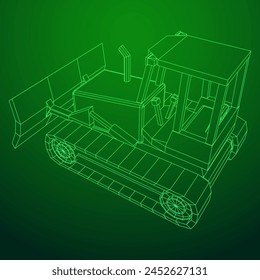 Big front-end loader bulldozer. Heavy equipment machine and manufacturing equipment for mining. Wireframe low poly mesh vector illustration.