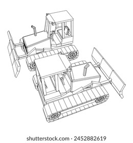 Big front-end loader bulldozer. Heavy equipment machine and manufacturing equipment for mining. Wireframe low poly mesh vector illustration.