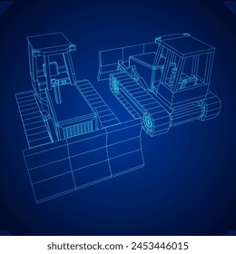 Großer Frontlader-Bulldozer. Schwere Maschinen und Anlagen zur Herstellung von Bergwerken. Vektorillustration mit niedrigem Drahtgitter-Polynetz.