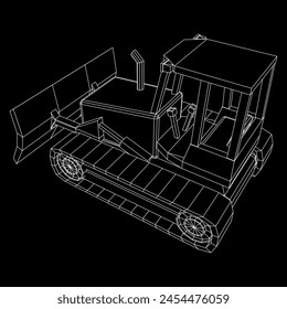 Gran bulldozer cargador frontal. Máquina de equipos pesados y equipos de fabricación para minería. Ilustración vectorial de malla de polietileno baja del alambre.