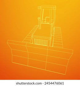 Big front-end loader bulldozer. Heavy equipment machine and manufacturing equipment for mining. Wireframe low poly mesh vector illustration.