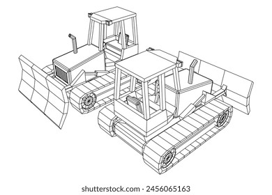 Big front-end loader bulldozer. Heavy equipment machine and manufacturing equipment for mining. Wireframe low poly mesh vector illustration.