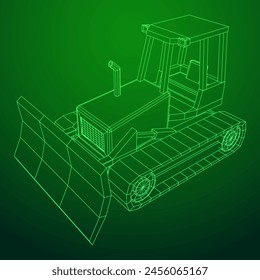 Big front-end loader bulldozer. Heavy equipment machine and manufacturing equipment for mining. Wireframe low poly mesh vector illustration.