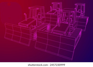 Big front-end loader bulldozer. Heavy equipment machine and manufacturing equipment for mining. Wireframe low poly mesh vector illustration.
