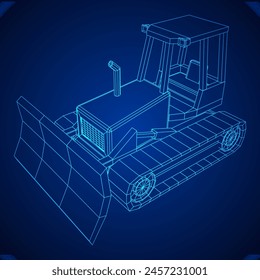 Big front-end loader bulldozer. Heavy equipment machine and manufacturing equipment for mining. Wireframe low poly mesh vector illustration.
