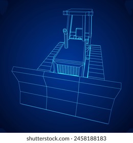 Big front-end loader bulldozer. Heavy equipment machine and manufacturing equipment for mining. Wireframe low poly mesh vector illustration.