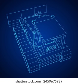Big front-end loader bulldozer. Heavy equipment machine and manufacturing equipment for mining. Wireframe low poly mesh vector illustration.