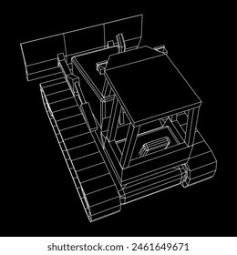 Big front-end loader bulldozer. Heavy equipment machine and manufacturing equipment for mining. Wireframe low poly mesh vector illustration.